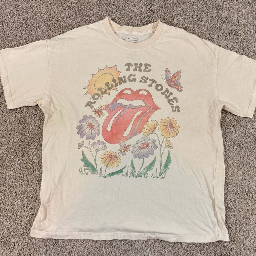 American Eagle Rolling Stones Graphic Band Tee Floral Tongue Cream M EUC